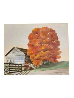 Vintage Mid-Century Painting Fall Autumn Landscape Barn Tree Signed 20x16 in